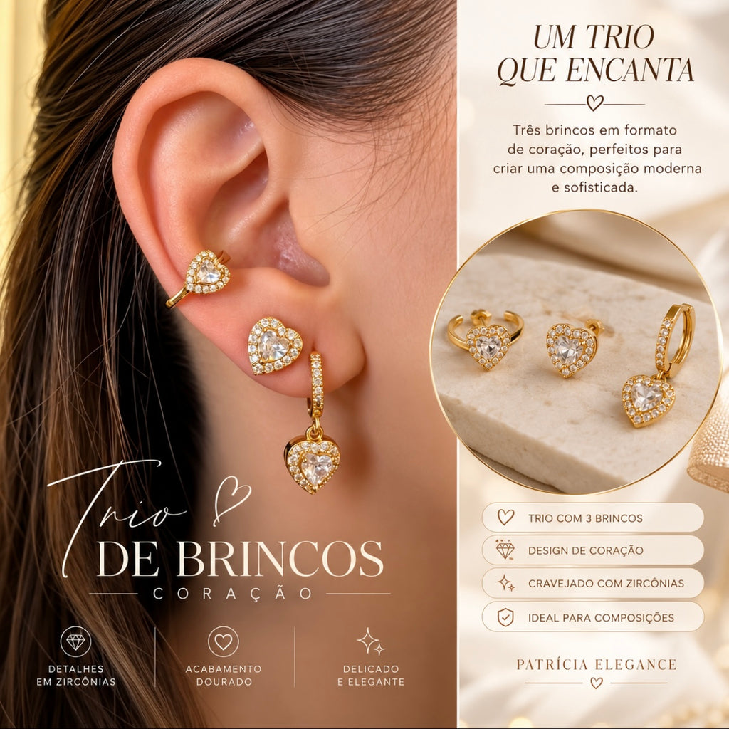 Trio Coração Com Piercing Fake