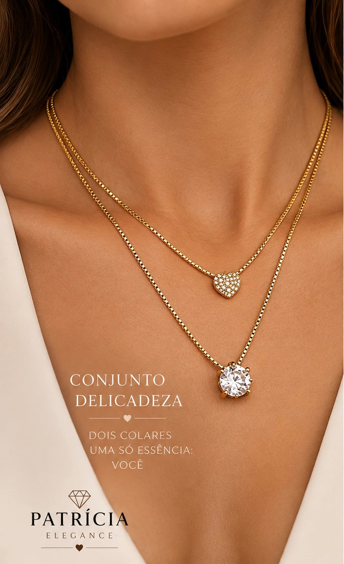 Colar Duplo Coração Com Ponto